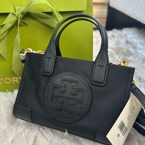 Black Gold Tory Burch Mini Nylon Ella Tote Bag Crossbody Handbag Women